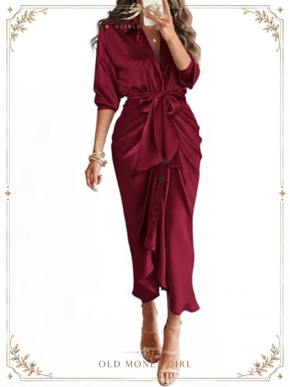 Satin Maxi Shirt Dress Button Down Lapel V Neck Tie Waist Ruched Long Sleeve